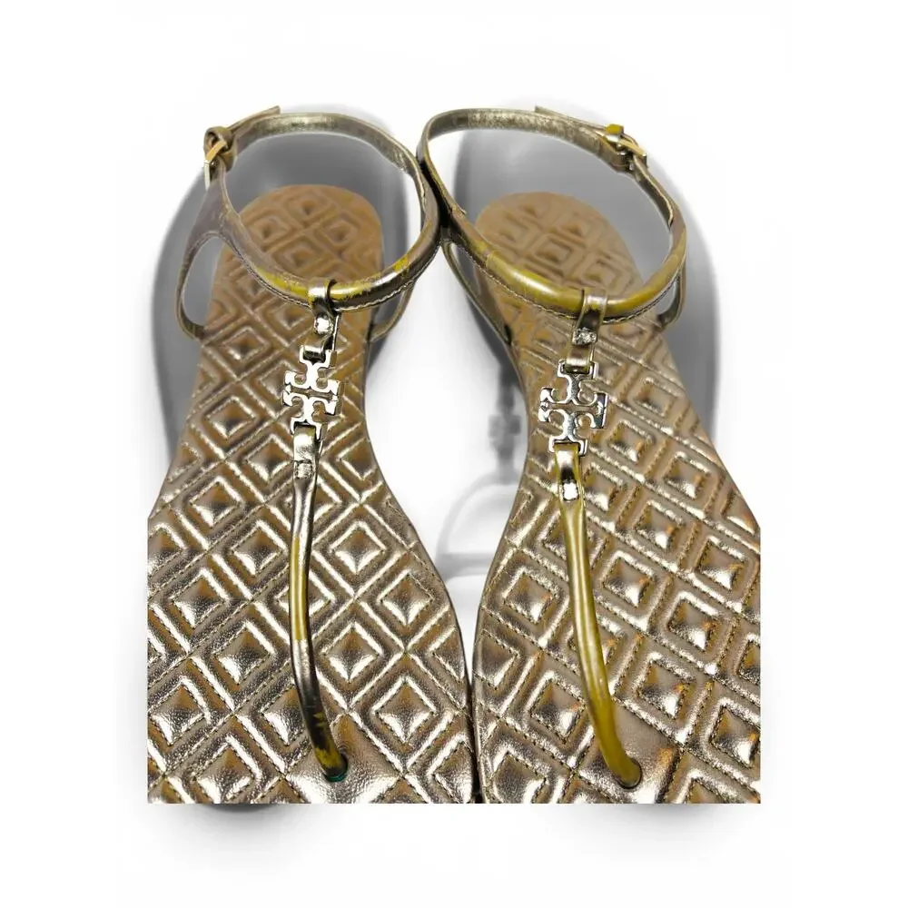 Tory Burch Marion Gold Metallic Quilted Leather Thong Sandals Logo Charm 9